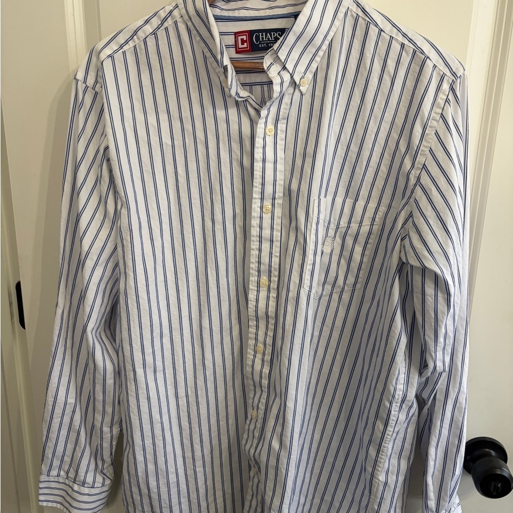 Excellent condition Chaps size L Men's White and Blue Striped Button Down Shirt